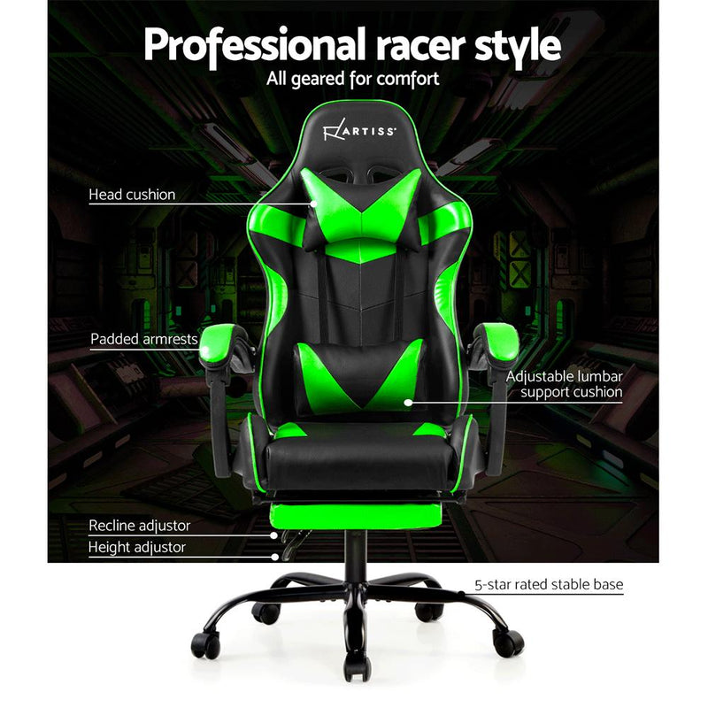 Artiss Office Chair Gaming Chair Computer Chairs Recliner PU Leather Seat Armrest Footrest Black Green Payday Deals