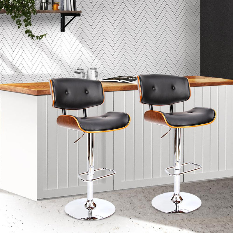 Artiss Set of 2 Wooden Gas Lift Bar Stools - Black and Chrome Payday Deals