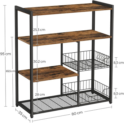 Baker's Rack with 2 Metal Mesh Baskets, Shelves and Hooks, 80 x 35 x 95 cm, Industrial Style, Rustic Brown Payday Deals