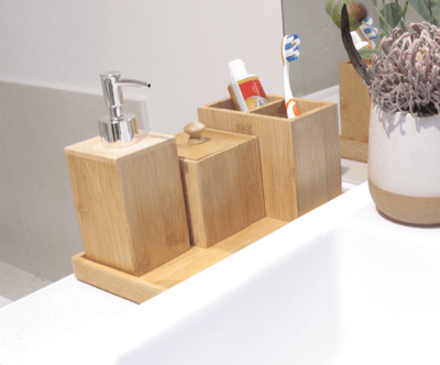 Bamboo Bathroom Accessories Set | Soap Dispenser, Toothbrush Holder, Storage Box & Tray Payday Deals