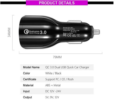 Cedrix Super-fast Charging PD QC3.0 Portable Smart Dual USB Mobile Car Charger Adapter