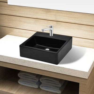 Ceramic Bathroom Sink Basin with Faucet Hole Black Square Payday Deals