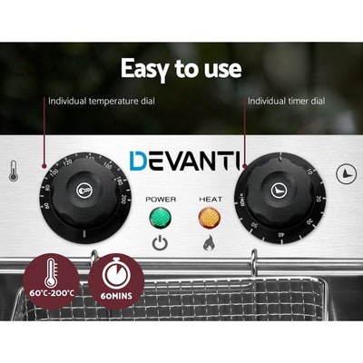 Devanti Electric Commercial Deep Fryer Twin Frying Basket Chip Cooker Kitchen Payday Deals