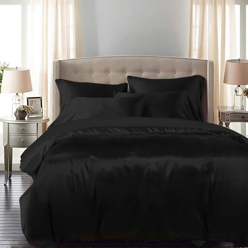 DreamZ Silky Satin Quilt Cover Set Bedspread Pillowcases Summer King Black Payday Deals