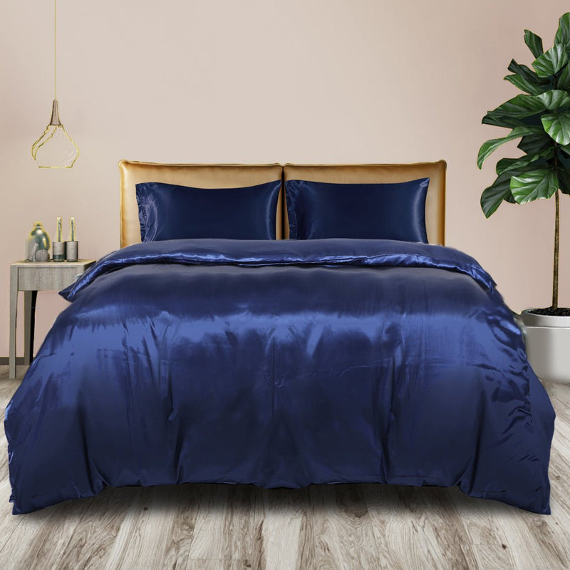 DreamZ Silky Satin Quilt Cover Set Bedspread Pillowcases Summer King Blue Payday Deals