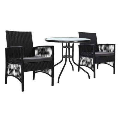 Gardeon Outdoor Furniture Dining Chairs Wicker Garden Patio Cushion Black 3PCS Tea Coffee Cafe Bar Set Payday Deals