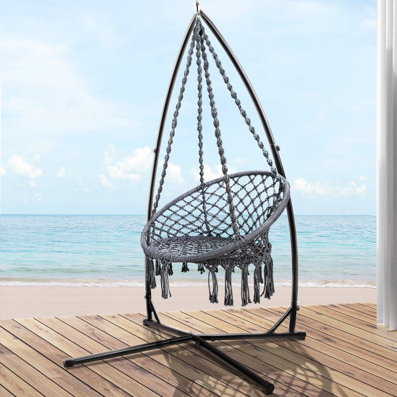 Gardeon Outdoor Hammock Chair with Steel Stand Cotton Swing Hanging 124CM Grey Payday Deals