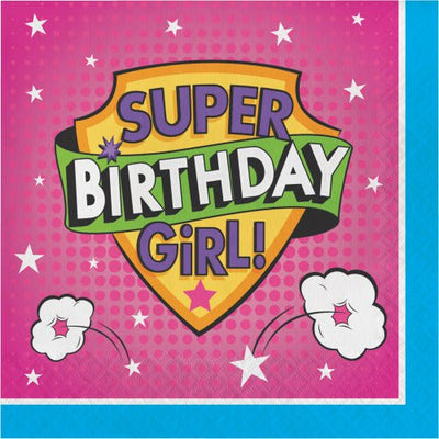 Girl Superhero Party Supplies - Super Birthday Girl Lunch Napkins 16 pack