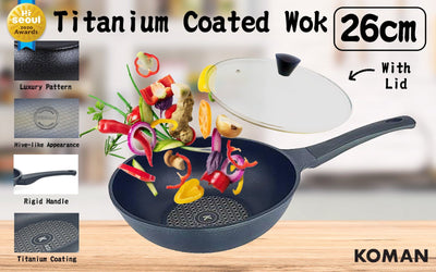 KOMAN 26cm Titanium Coating Wok Pan Non-Stick + Glass Lid Payday Deals