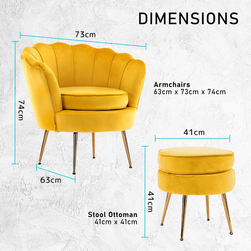 La Bella Shell Scallop Yellow Armchair Accent Chair Velvet + Round Ottoman Footstool Payday Deals