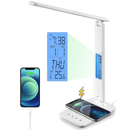 LED Desk Lamp with Fast Wireless Charger Clock Alarm Date Temperature Payday Deals