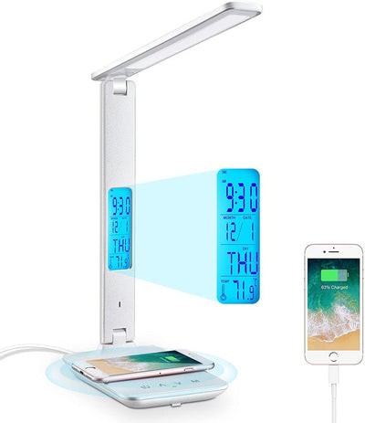 LED Desk Lamp with Fast Wireless Charger Clock Alarm Date Temperature Payday Deals