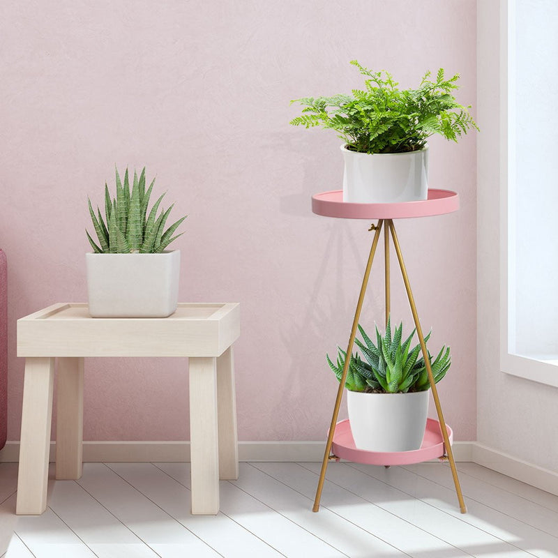 Levede Plant Stand 2 Tiers Outdoor Indoor Metal Flower Pots Rack Garden Pink Payday Deals