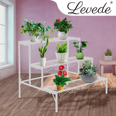 Levede Plant Stands Outdoor Indoor Metal White Flower Pot 3 Garden Corner Shelf Payday Deals