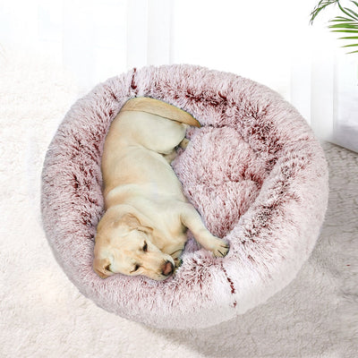 Pet Bed Cat Dog Donut Nest Calming Mat Soft Plush Kennel Pink L - Payday Deals