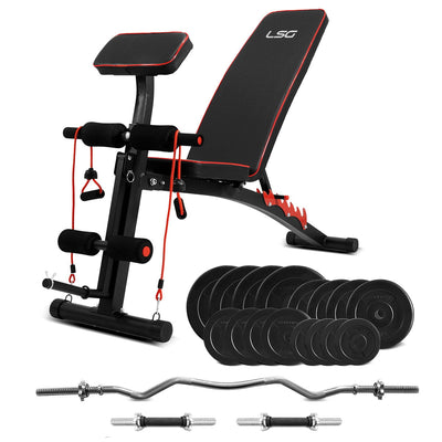 LSG GBN-007 6 Level FID Bench & Preacher Pad + 85kg Weight & Bar Package Payday Deals
