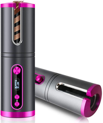 Portable Wireless Automatic Hair Curler for Travel with LED Temperature Display, Timer and USB Rechargeable (Pink) Payday Deals