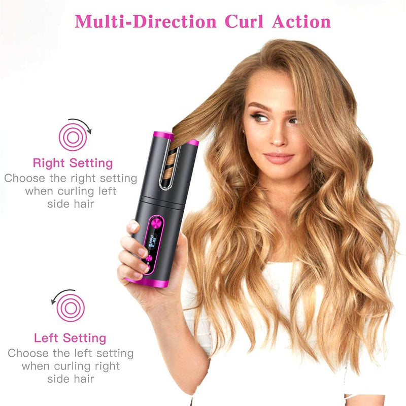 Portable Wireless Automatic Hair Curler for Travel with LED Temperature Display, Timer and USB Rechargeable (Pink) Payday Deals