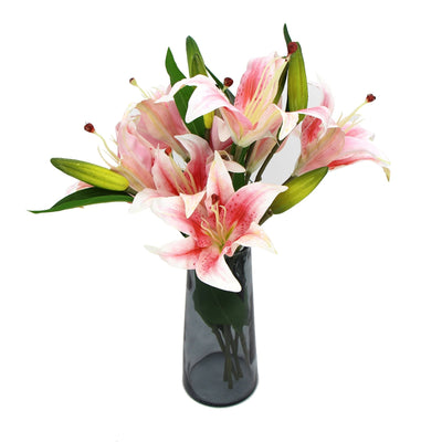 Premium Faux Pink Lily In Glass Vase (Artificial Tiger Lily Arrangement) Payday Deals