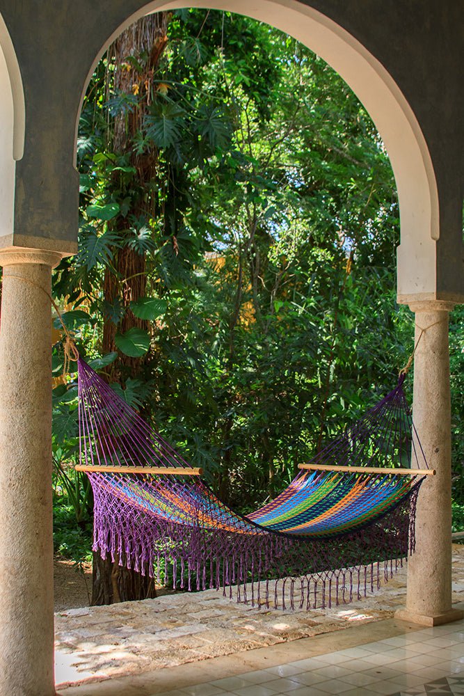 Mayan Legacy Queen Size Outdoor Cotton Mexican Resort Hammock With Fringe in Colorina Colour