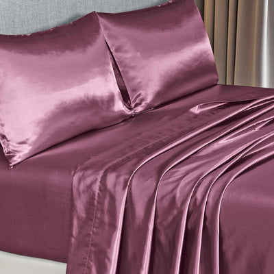 Royal Comfort Satin Sheet Set 4 Piece Fitted Flat Sheet Pillowcases  - King - Malaga Wine Payday Deals