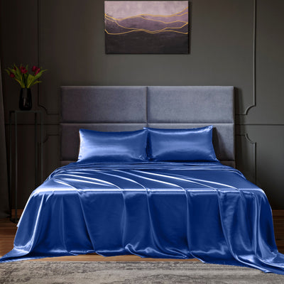 Royal Comfort Satin Sheet Set 4 Piece Fitted Flat Sheet Pillowcases  - King - Navy Blue Payday Deals