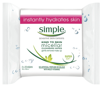 Simple Micellar Cleansing Wipes Kind To Skin Gentle Make-Up Remover-1 Pack of 25