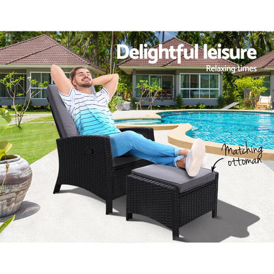 Sun lounge Recliner Chair Wicker Lounger Sofa Day Bed Outdoor Furniture Patio Garden Cushion Ottoman Black Gardeon Payday Deals