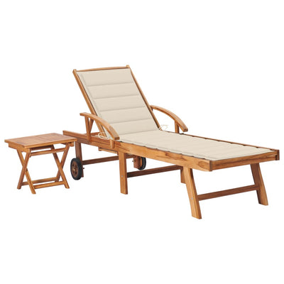 Sun Lounger with Table and Cushion Solid Teak Wood Payday Deals