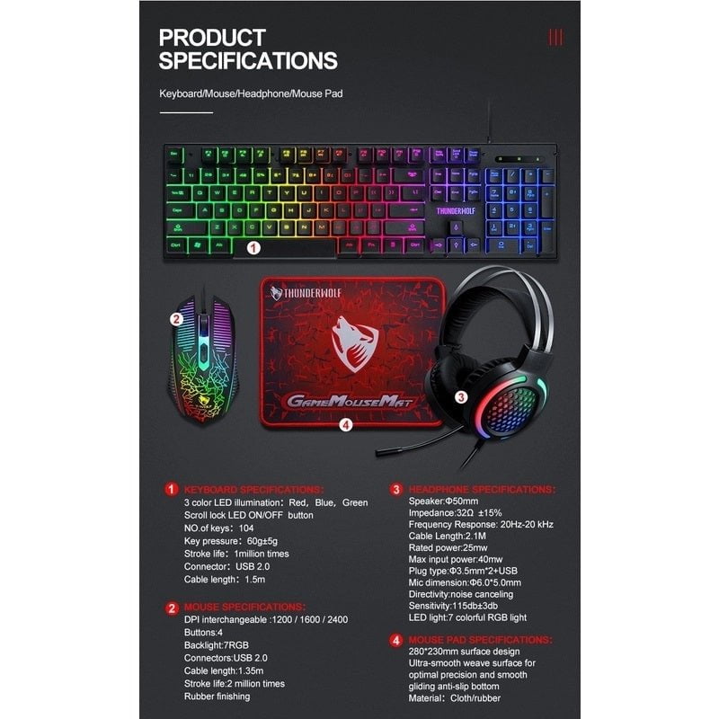 T-Wolf TF400 4-pcs Rainbow Keyboard/Mouse/Headphone/Mouse Pad Kit Set Payday Deals