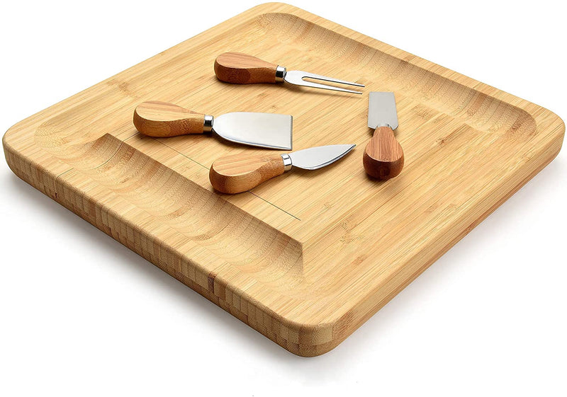 VIKUS Bamboo Cheese Board Set with Cutlery in Slide-Out Drawer Including 4 Stainless Steel Serving Utensils Payday Deals