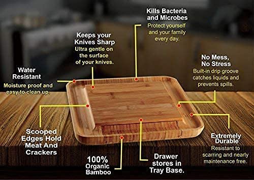 VIKUS Bamboo Cheese Board Set with Cutlery in Slide-Out Drawer Including 4 Stainless Steel Serving Utensils Payday Deals