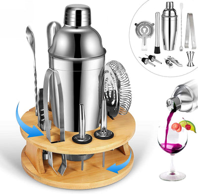 VIKUS Cocktail Shaker Set Bartender Kit with Rotating Bamboo and 10-Piece Stainless Steel Bar Tool Set Payday Deals