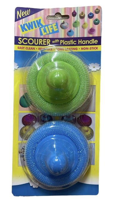 1 Pack of 2 Kwik Life Scourer with Plastic Handle Cleaning Dishes Pots & Pans