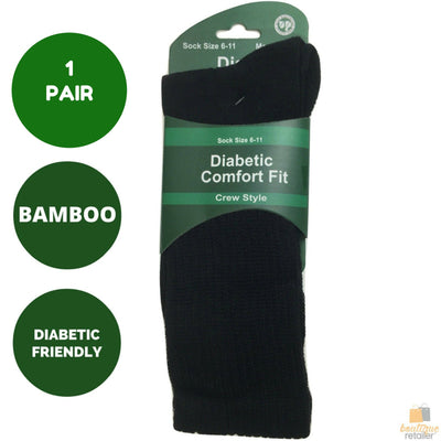 1 Pair DIABETIC BAMBOO Socks Work Socks Medical Loose Top Crew Cushion BLACK Payday Deals