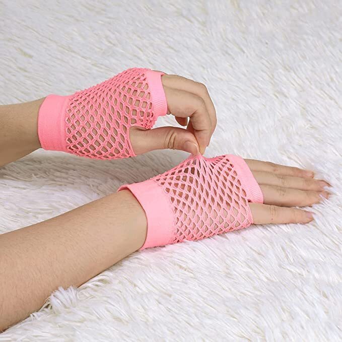 1 Pair Fishnet Gloves Fingerless Wrist Length 70s 80s Costume Party - Light Pink Payday Deals