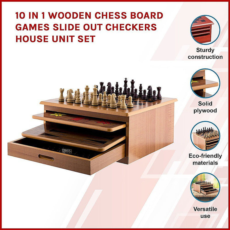 10 in 1 Wooden Chess Board Games Slide Out Checkers House Unit Set Payday Deals