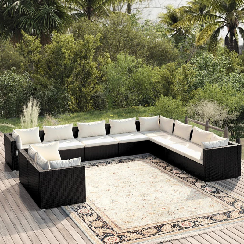 10 Piece Garden Lounge Set with Cushions Black Poly Rattan Payday Deals