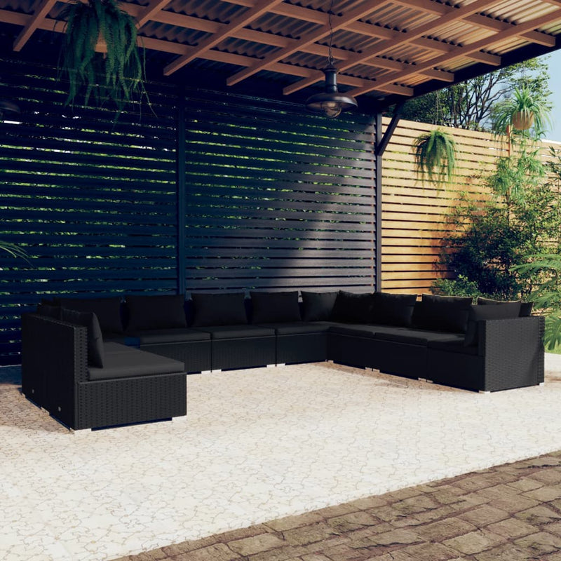 10 Piece Garden Lounge Set with Cushions Black Poly Rattan Payday Deals