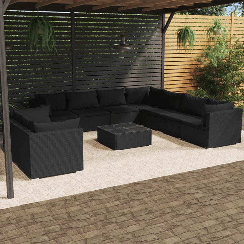 10 Piece Garden Lounge Set with Cushions Black Poly Rattan Payday Deals