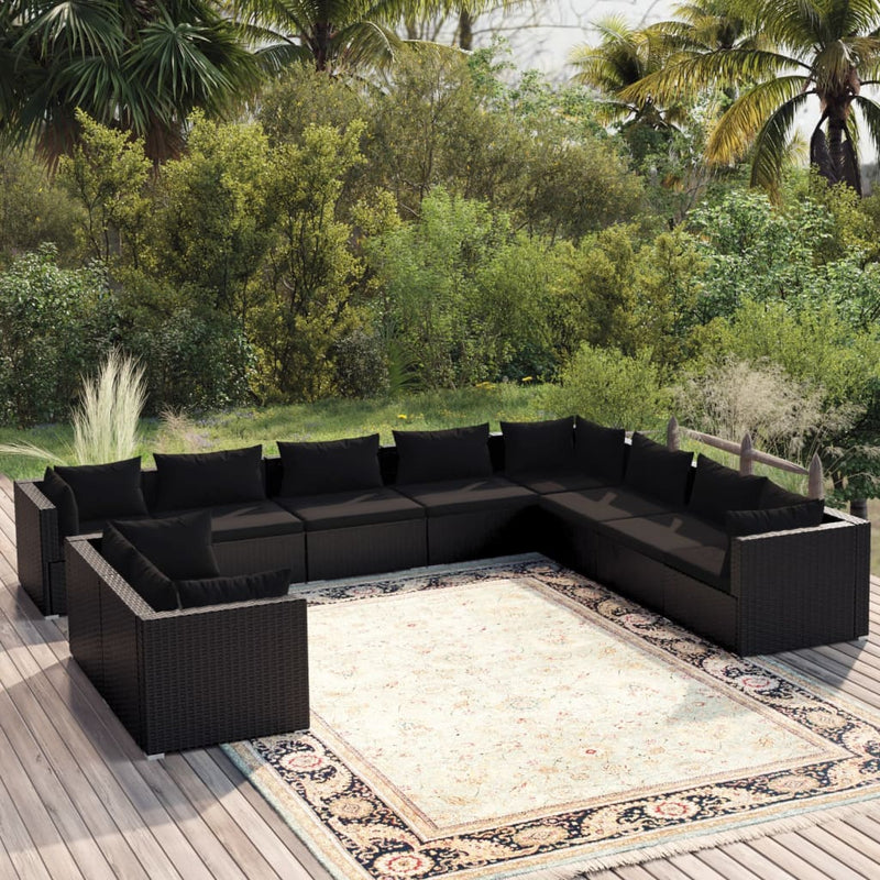 10 Piece Garden Lounge Set with Cushions Black Poly Rattan Payday Deals