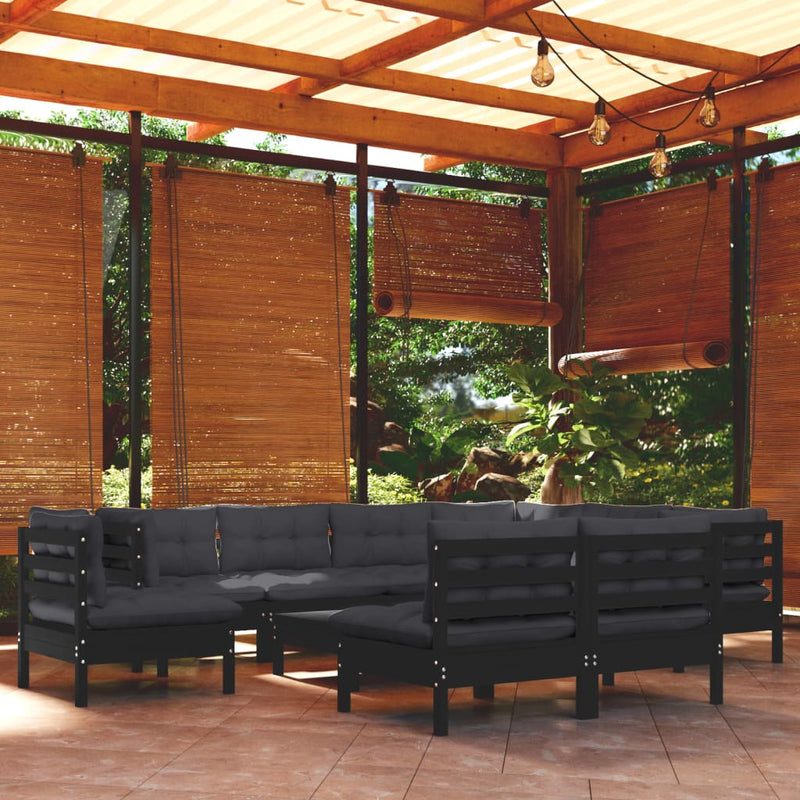 10 Piece Garden Lounge Set with Cushions Black Solid Pinewood Payday Deals