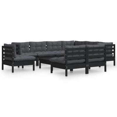 10 Piece Garden Lounge Set with Cushions Black Solid Pinewood Payday Deals