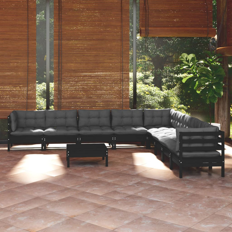 10 Piece Garden Lounge Set with Cushions Black Solid Pinewood Payday Deals