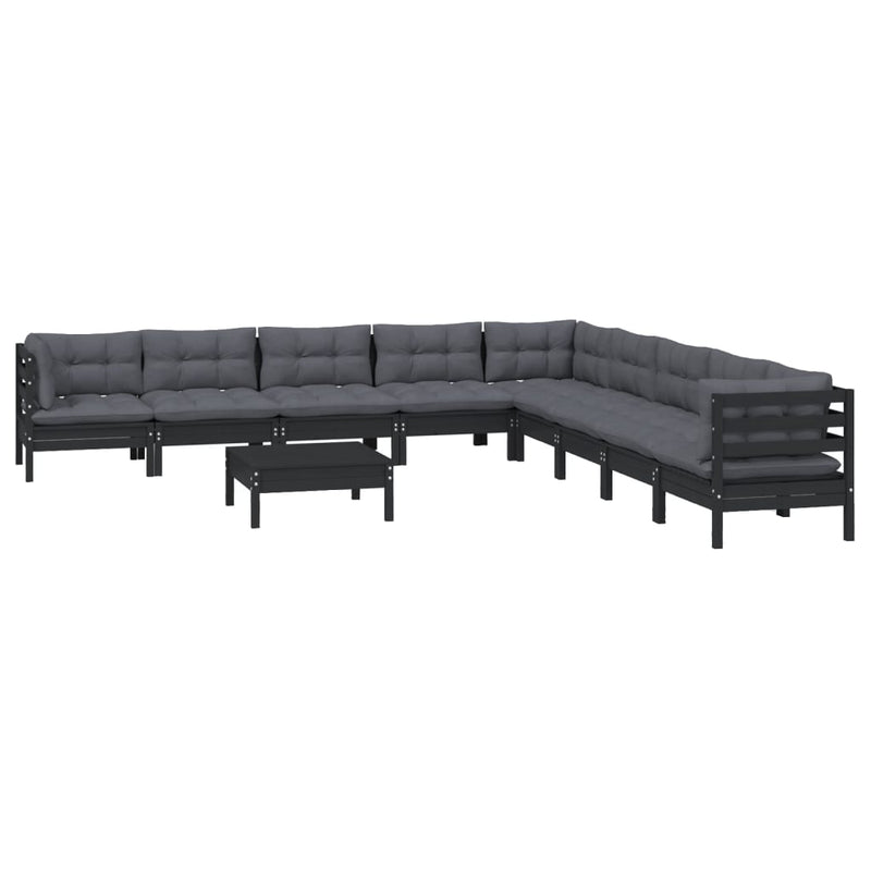 10 Piece Garden Lounge Set with Cushions Black Solid Pinewood Payday Deals