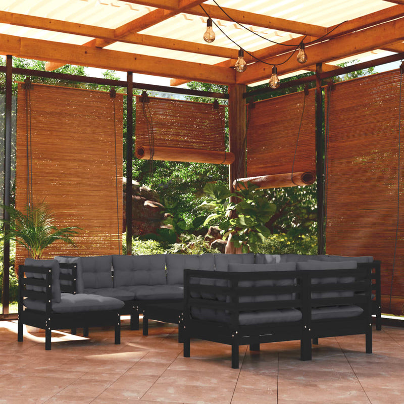 10 Piece Garden Lounge Set with Cushions Black Solid Pinewood Payday Deals