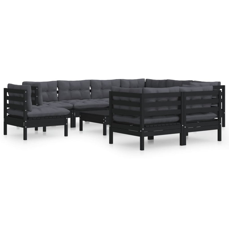 10 Piece Garden Lounge Set with Cushions Black Solid Pinewood Payday Deals
