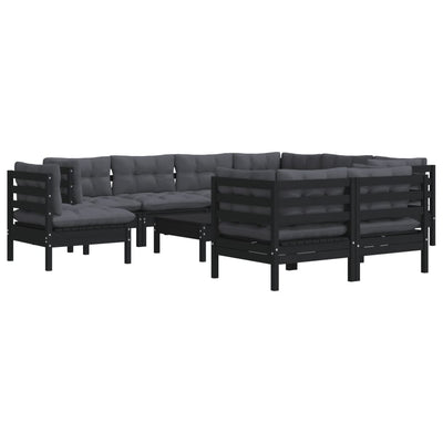 10 Piece Garden Lounge Set with Cushions Black Solid Pinewood Payday Deals