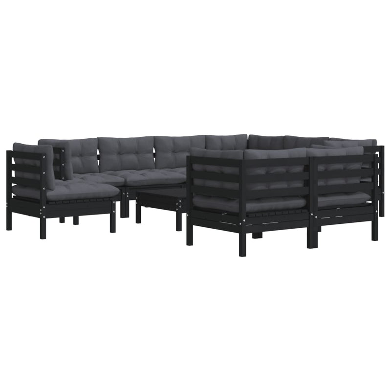 10 Piece Garden Lounge Set with Cushions Black Solid Pinewood Payday Deals