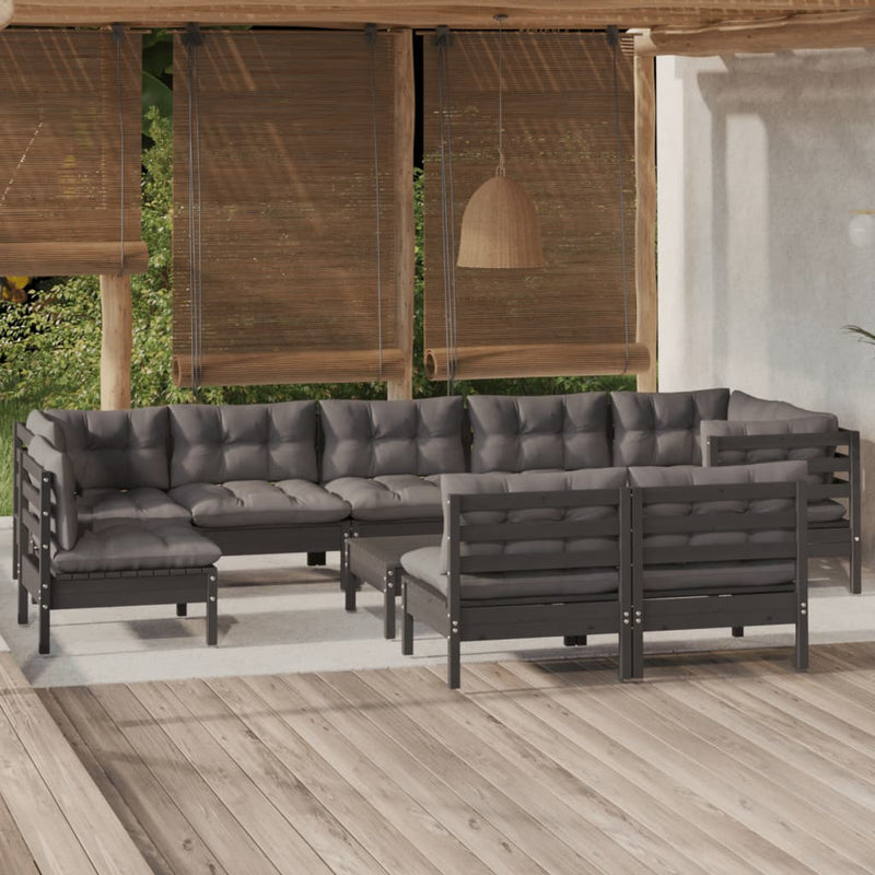 10 Piece Garden Lounge Set with Cushions Black Solid Pinewood Payday Deals